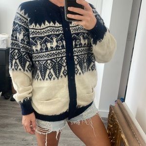 Navy and Cream Women's Cardigan Sweater
